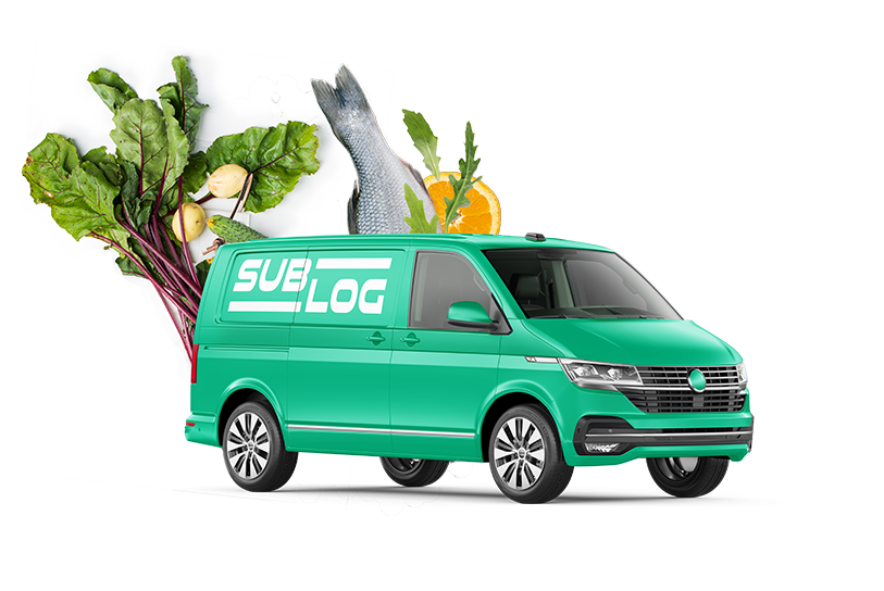 A green van covered in fresh fruits and vegetables.