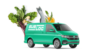 A green van with a colorful assortment of fresh vegetables and fruits displayed on its roof.