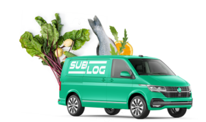 A green van with a colorful assortment of fresh vegetables and fruits displayed on its roof.